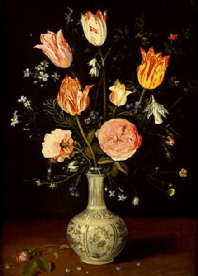 Tulips, Roses,  Forget-Me-Nots And Other Flowers In A Late Ming Blue And White Vase