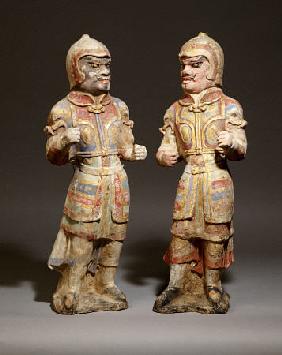 Two Very Rare Gilt And Polychrome Painted Pottery Figures Of Warriors