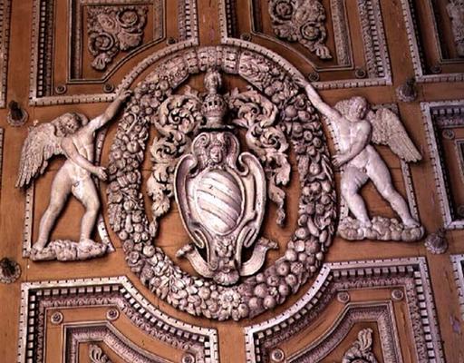 The 'Galleria', detail of stucco ceiling decorated with the coat of arms of the Sacchetti marquises, from 