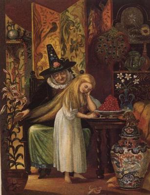 The Old Witch combing Gerda's hair with a golden comb to cause her to forget her friend, in The Snow from 