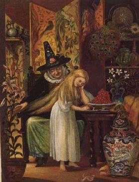 The Old Witch combing Gerda's hair with a golden comb to cause her to forget her friend, in The Snow 1838