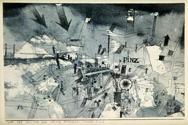 View of the severely threatened city of Pintz, 1915 (no 187) (pen and w/c on paper on cardboard)  from 