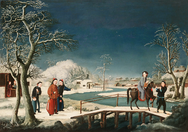 Winter: A Frozen River Landscape With A Lady On A Horse Crossing A Bridge from 