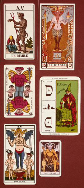 XV The Devil, six tarot cards from different packs from 