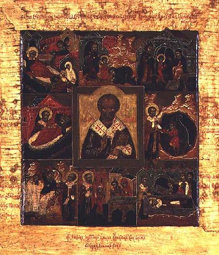 Russian icon of scenes from the life of St. Nicholas from Northern school