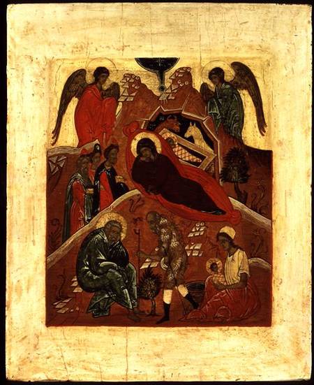 Icon of the Nativity, the Adoration of the Magi and the Temptation of St. Joseph from Novgorod School