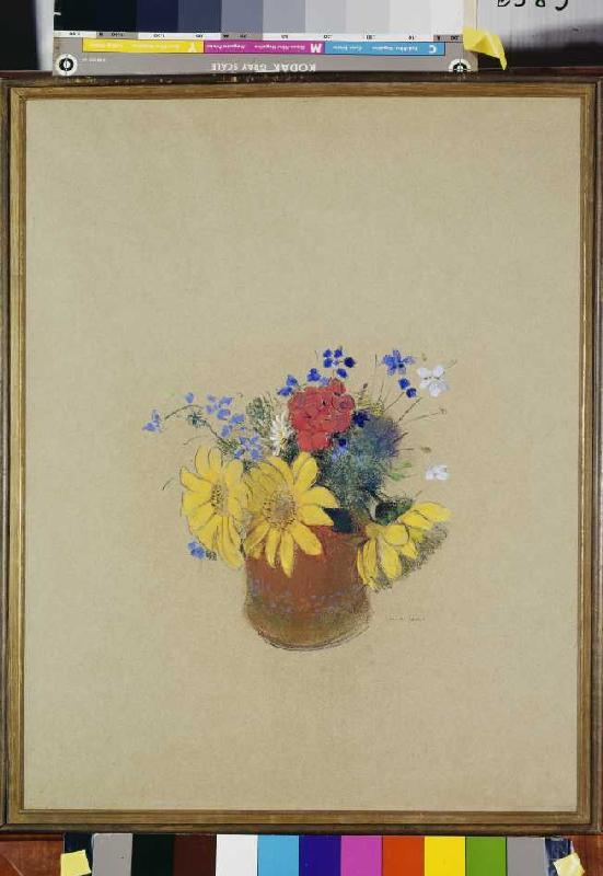 Flower silences from sunflowers and geraniums in a brown vase from Odilon Redon