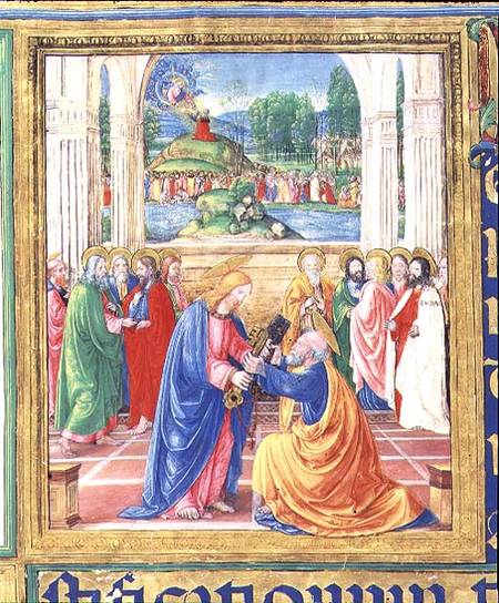 Ms 542 f.3v Christ giving the keys to St. Peter, in the background God delivers the Tablets of the L from or di Giovanni Monte del Fora
