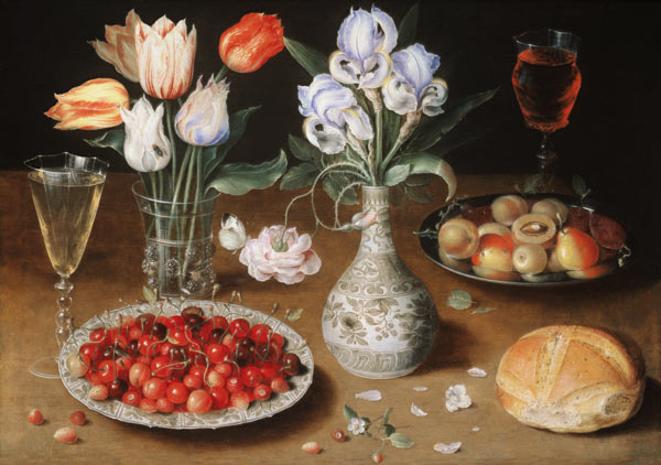 Still life with Lilies, Roses, Tulips, Cherries and Wild Strawberries from Osias Beert I.