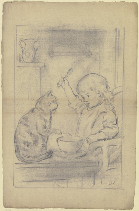 Kind am Esstisch mit Katze from Otto Scholderer