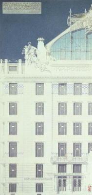 Post Office Savings Bank, Vienna, design showing detail of the facade, c.1904-06 (coloured pencil)