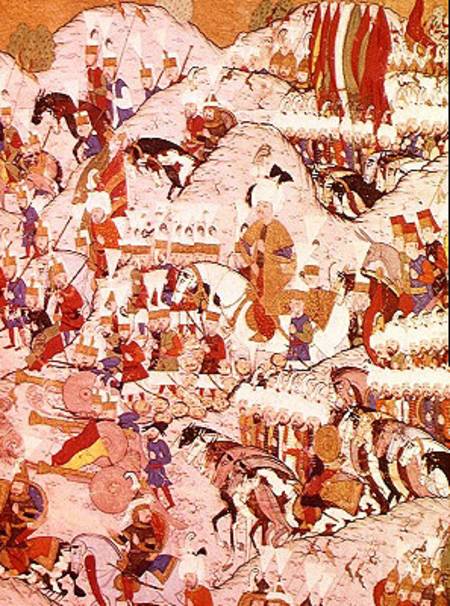 TSM H.1524 'Hunername' manuscript: Suleyman the Magnificent (1494-1566) at the Battle of Mohacs in 1 from Ottoman School