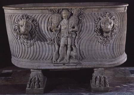 Borghese sarcophagus decorated with the Good Shepherd and heads of lions from Paleo-Christian