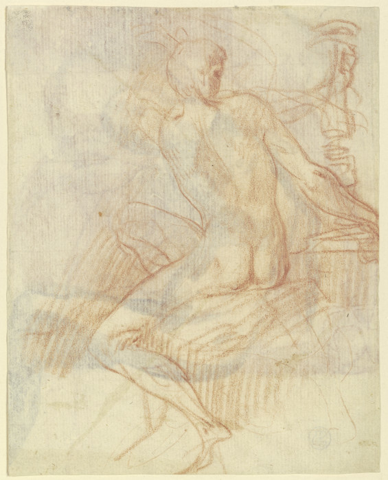 Sitzender männlicher Akt nach links, zurückgewandt einen hinter ihm stehenden Kandelaber haltend from Parmigianino