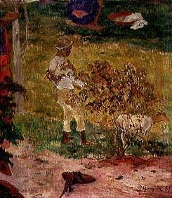 Negro boy with goat on Tahiti. (detail from Conversation Tropiques) from Paul Gauguin