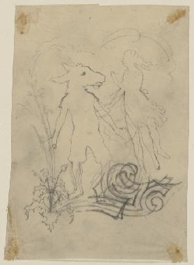 Titania, bekleidet und mit wehendem Haar, sowie Nick Bottom mit Eselskopf, breitbeinig, von vorn