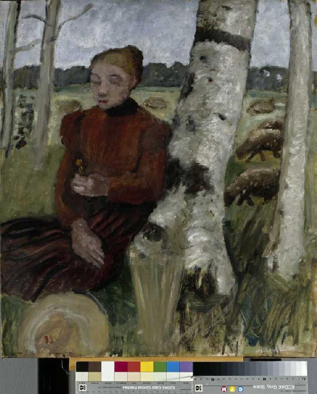 Mädchen am Birkenstamm ruhend, Schafherde im Hintergrund from Paula Modersohn-Becker