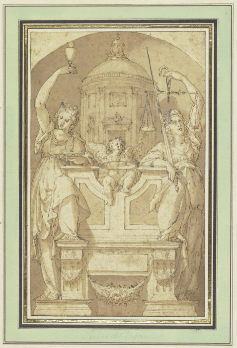 Amorette in einer Architektur sitzend hält eine Krone, zu beiden Seiten Gerechtigkeit und Wahrheit from Perino del Vaga