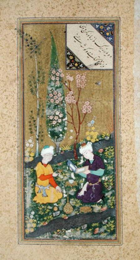 Ms C-860 fol.9a Two Figures Reading and Relaxing in an Orchard from Persian School