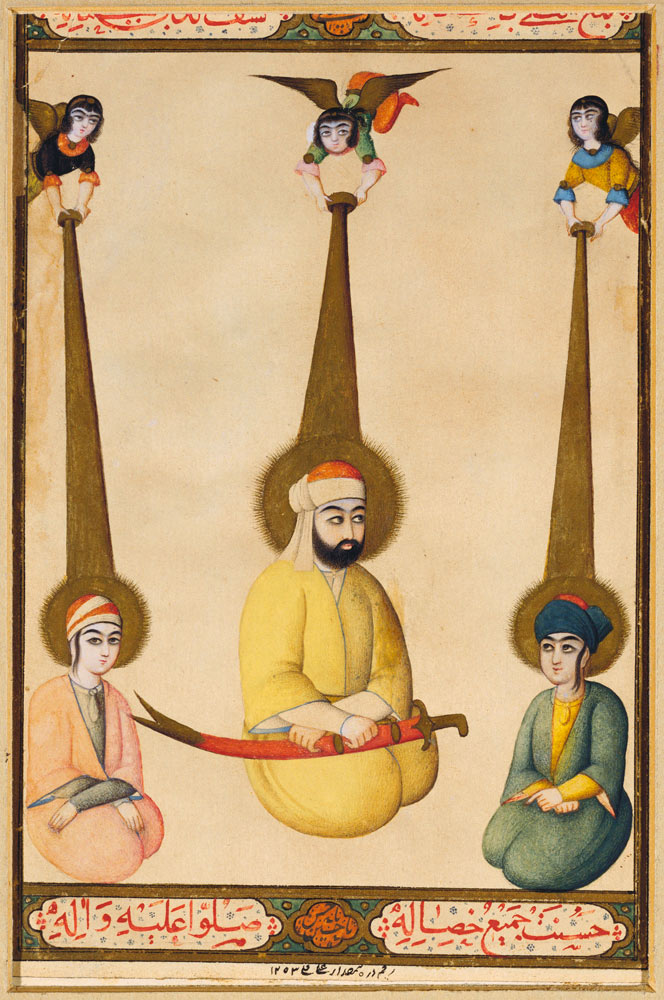 The first three Shiite Imams: Ali with his sons Hasan and Husayn, illustration from a Qajar manuscri from Persian School