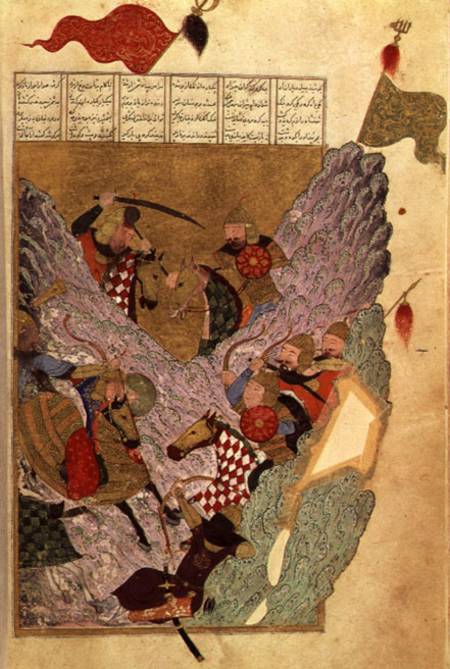 Genghis Khan (c.1162-1227) fighting the Chinese in the mountains, a scene from Ahmad Tabrizi's 'Shah from Persian School