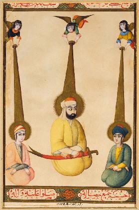 The first three Shiite Imams: Ali with his sons Hasan and Husayn, illustration from a Qajar manuscri