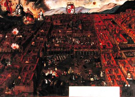 View of Cuzco at the time of the earthquake of 1650 from Peruvian School