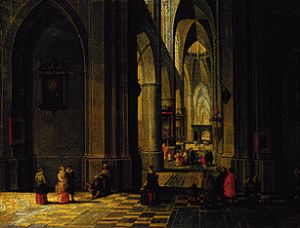 Inside of a Gothic church with three naves from Peter Neefs the Elder
