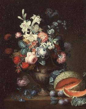 Still life of flowers in a classical vase with a bunch of grapes, 1768 (one of a pair