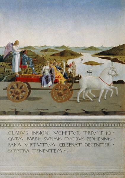 Triumph car pulled by two white horses. Backside of Battista Sforza portrait