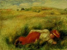 Young woman, meadow turns green lying in one. from Pierre-Auguste Renoir