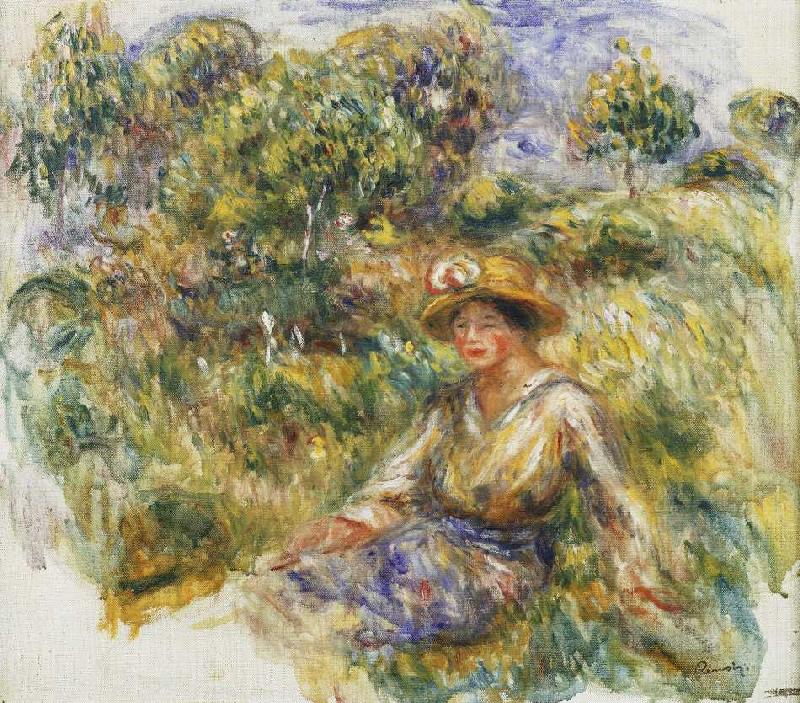 Frau mit blauem Hut auf einer Wiese (Femme en bleu en chapeau assise sur l'herbe) from Pierre-Auguste Renoir