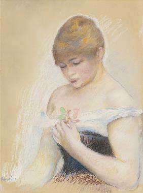Young Woman Holding A Flower. Portrait of the actress Jeanne Samary