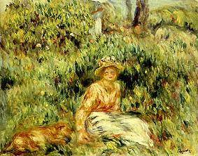 Girl with dog in front of a blossoming hedge from Pierre-Auguste Renoir