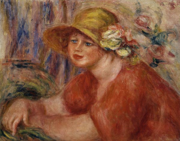 Portrait of a woman in a hat decorated with flowers from Pierre-Auguste Renoir