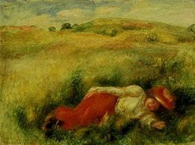 Young woman, meadow turns green lying in one.