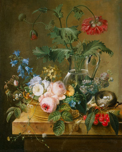 Roses, anemones in a glass vase, other flowers, cherries and bird's nest from Pierre Joseph Redouté