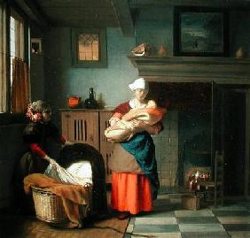 Nursemaid with baby in an interior and a young girl preparing the cradle