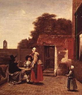 Two Soldiers and a Woman Drinking in a Courtyard