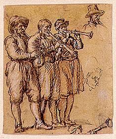 Three musicians with bagpipes and playing the shawm