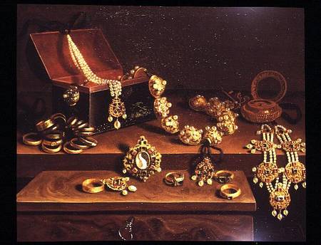 Casket of jewels on a table principally of German Origin (1600-50) from Pieter Gerritsz. van Roestraten