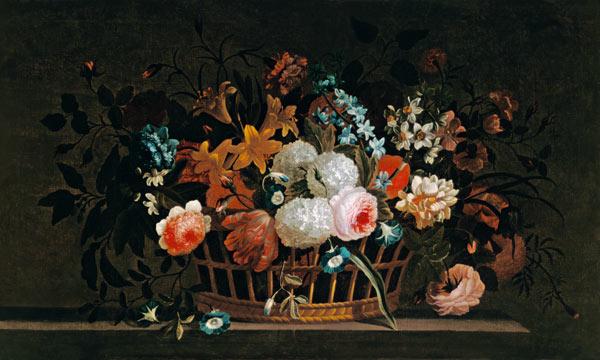 Still Life of Flowers in a Basket on a Stone Ledge