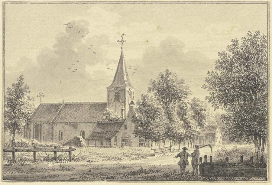 Kirche an der Landstrasse, rechts zwei Männer, der eine trägt eine Sense from Pieter van Liender