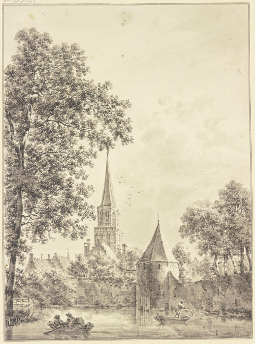 Wassergraben an der Stadtmauer mit einem runden Turm, hinten die Kirche, auf demselben zwei Kähne from Pieter van Liender
