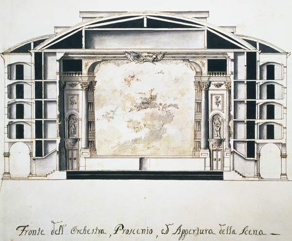 Cross section view of a theatre on the Grand Canal showing the stage and orchestra from Pietro Bianchi