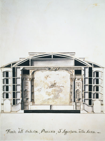 Cross section view of a theatre on the Grand Canal showing the stage and orchest from Pietro Bianchi