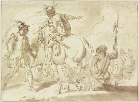 Ein Fahnenträger, ein Reiter und ein Helebardier, in der Ferne zwei Trommler