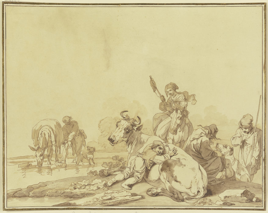 Hirten an einem Wasser gelagert, ein Knabe liegt auf einer Kuh, eine Frau mit Spinnrocken zu Pferde from Pietro Palmieri d. Ä.