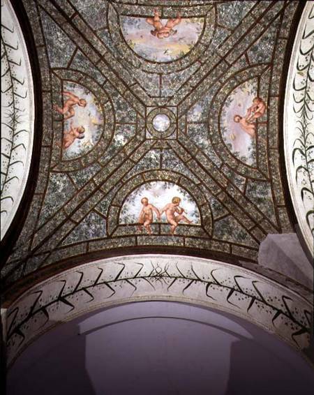 The semicircular ionic portico, detail of the ceiling vault decorated with putti in a garden from Pietro Venale