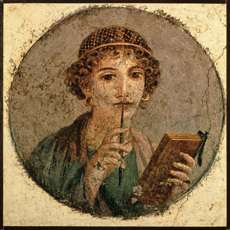 Portrait of a young woman with slate pencil and Schreibtäfelchen from Pompei, wall painting
